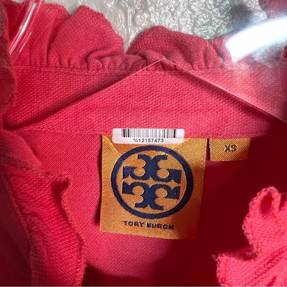 Tory Burch Coral/ Pink Ruffle Hem Top W/Half Button Down Short Sleeve - Picture 5 of 5